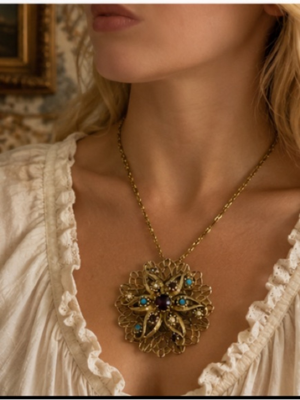 Vintage Gold Tone Filigree Flower Pendant Necklace Purple Turquoise Rhinestone